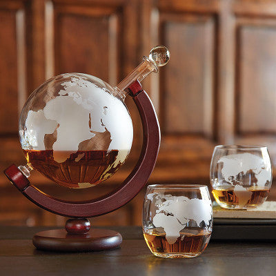 ETCHED GLOBE WHISKEY DECANTER AND GLASSES SET